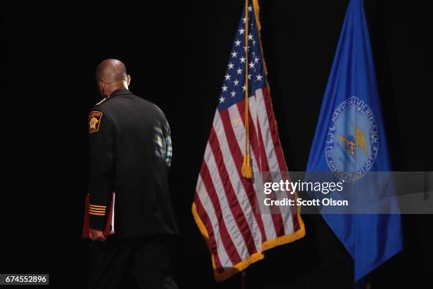 David Clarke Jr., sheriff of Milwaukee County, Wisconsin, leaves the stage after speaking at the NRA-ILA's Leadership Forum at the 146th NRA Annual...