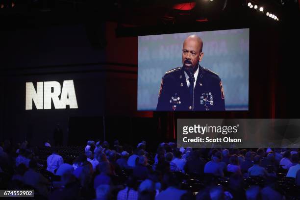 David Clarke Jr., sheriff of Milwaukee County, Wisconsin, speaks to guests during the NRA-ILA's Leadership Forum at the 146th NRA Annual Meetings &...