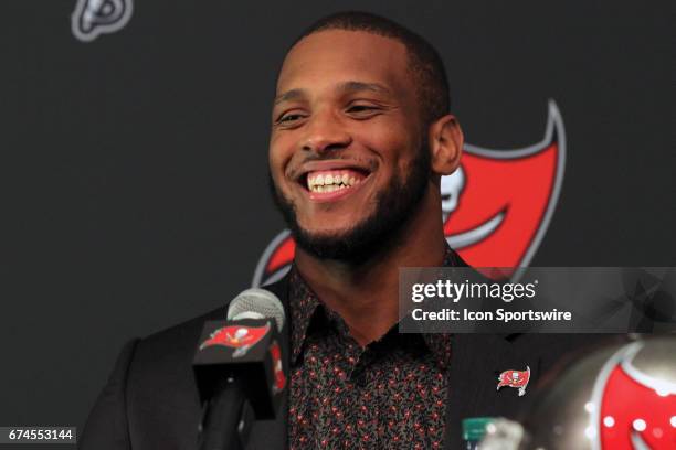 First round pick O. J. Howard of Alabama is all smiles during the O. J. Howard 1st Round Draft Pick Press Conference on April 28, 2017 at One...