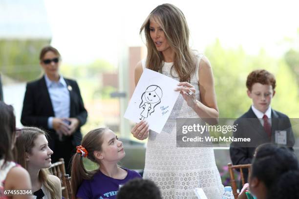 First lady Melania Trump works on an art project with young children at the Children's National Health System April 28, 2017 in Washington, DC. Trump...