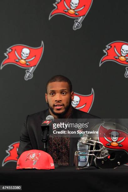 First round pick O. J. Howard of Alabama speaks to the media during the O. J. Howard 1st Round Draft Pick Press Conference on April 28, 2017 at One...