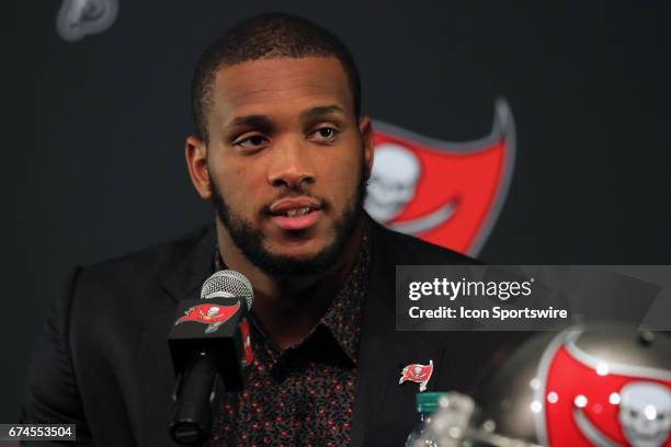 First round pick O. J. Howard of Alabama speaks to the media during the O. J. Howard 1st Round Draft Pick Press Conference on April 28, 2017 at One...