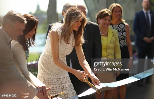 First lady Melania Trump takes part in a ribbon cutting ceremony at the Children's National Health System April 28, 2017 in Washington, DC. Trump...