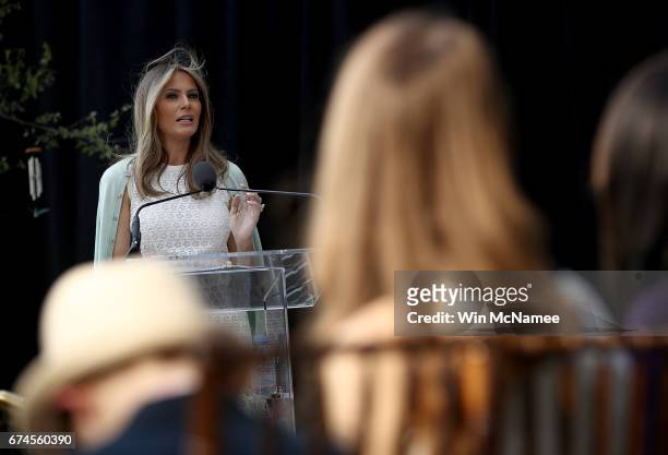 First lady Melania Trump delivers remarks at the Children's National Health System April 28, 2017 in Washington, DC. Trump spoke a the opening of the...