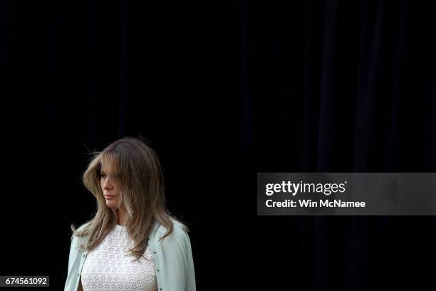 First lady Melania Trump waits to deliver remarks at the Children's National Health System April 28, 2017 in Washington, DC. Trump spoke a the...