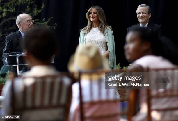 First lady Melania Trump waits to deliver remarks with Kurt Newman , president and CEO, and Michael Williams , chairman of the board, at the...