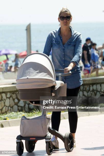 Rubin Kazan football player Sergio Sanchez's wife the model Elisabeth Reyes andher daughter are seen on April 10, 2017 in Malaga, Spain.