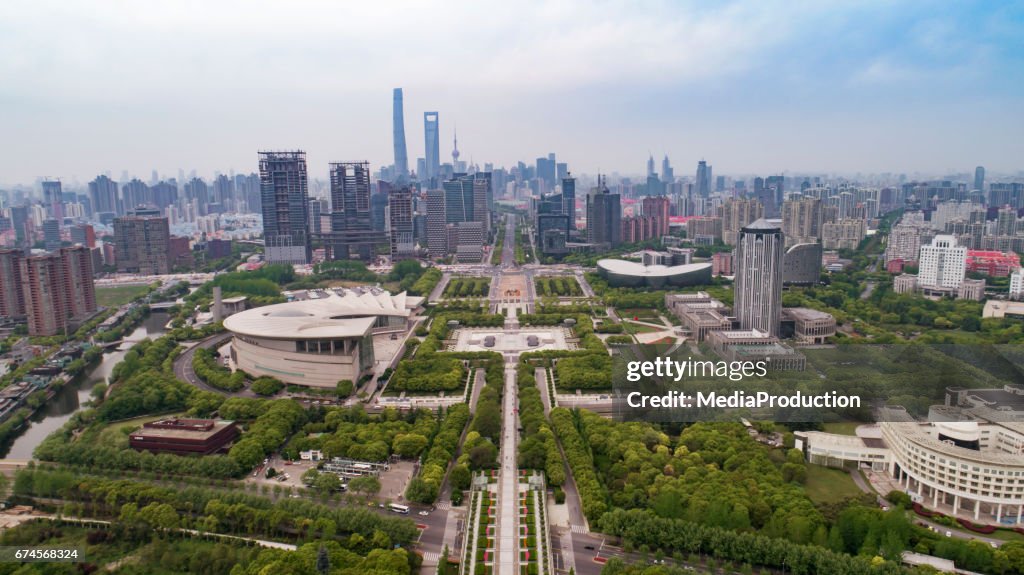 Aerial view of Shanghai Century Park and avenue in Pudong