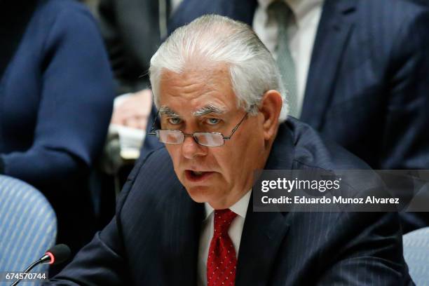 Secretary of State Rex Tillerson speaks to members of the security council during a meeting on nonproliferation of North Korea on April 28, 2017 in...