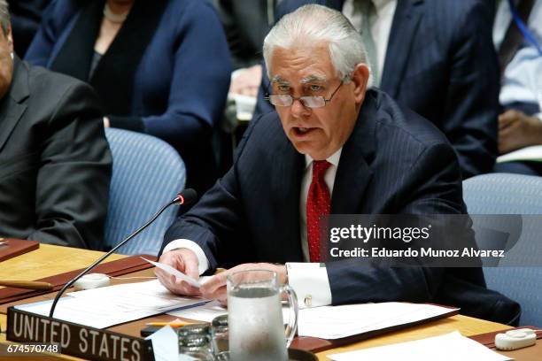 Secretary of State Rex Tillerson speaks to members of the security council during a meeting on nonproliferation of North Korea on April 28, 2017 in...