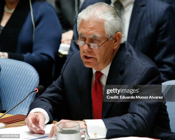 Secretary of State Rex Tillerson speaks to members of the security council during a meeting on nonproliferation of North Korea on April 28, 2017 in...