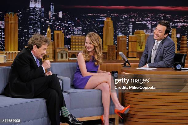 Comedian Martin Short, and Britt Robertson speak to host Jimmy Fallon as they visit "The Tonight Show Starring Jimmy Fallon" at Rockefeller Center on...