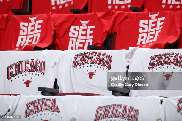 Detail view of T-Shirts before the game between the Boston Celtics and the Chicago Bulls in Game Six of the Eastern Conference Quartefinals of the...