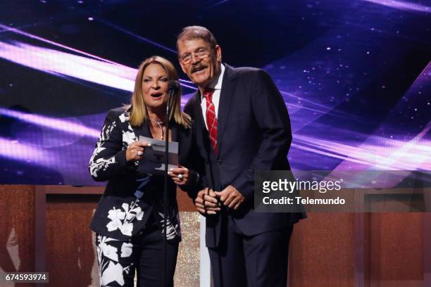 Pictured: Doctora Ana Maria Polo, Rene Camacho on stage at the Watsco Center in the University of Miami, Coral Gables, Florida on April 27, 2017 --