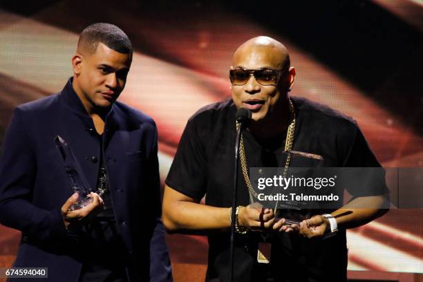 Pictured: Gente de Zona accepts 'Tropical Albums' Artista del Ano Duo o Grupo' on stage at the Watsco Center in the University of Miami, Coral...