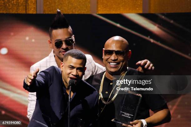 Pictured: Gente de Zona accepts 'Tropical Albums' Artista del Ano Duo o Grupo' on stage at the Watsco Center in the University of Miami, Coral...