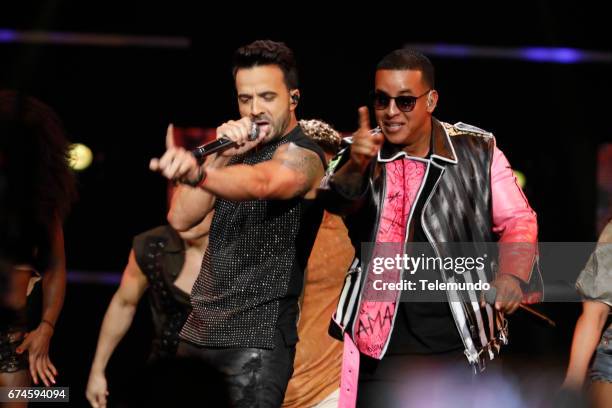 Pictured: Luis Fonsi, Daddy Yankee perform on stage at the Watsco Center in the University of Miami, Coral Gables, Florida on April 27, 2017 --