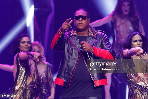 Pictured: Zion y Lennox performs on stage at the Watsco Center in the University of Miami, Coral Gables, Florida on April 27, 2017 --