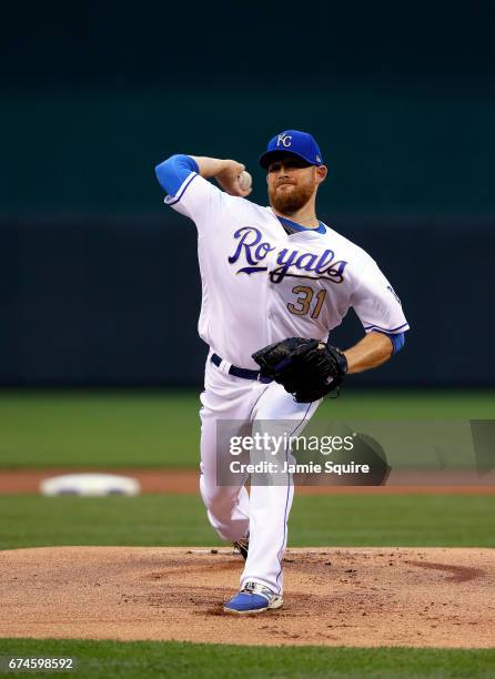 Starting pitcher Ian Kennedy of the Kansas City Royals warms up prior to the game against the Minnesota Twins at Kauffman Stadium on April 28, 2017...