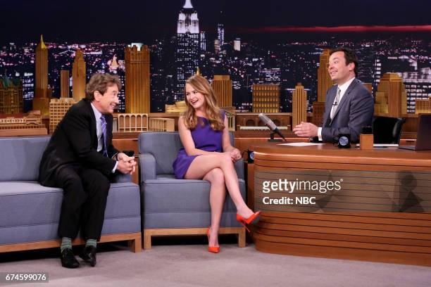 Episode 0664 -- Pictured: Comedian Martin Short, actress Britt Robertson with host Jimmy Fallon during an interview on April 28, 2017 --