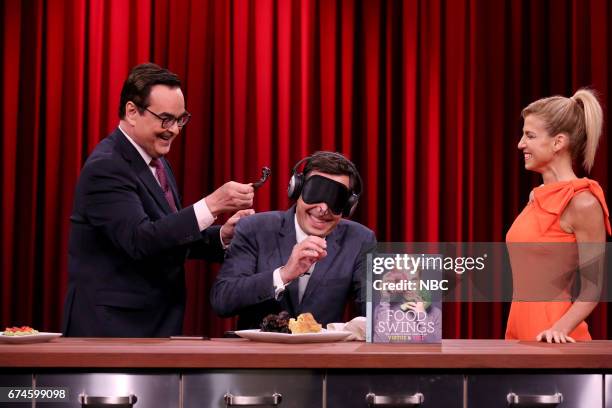 Episode 0664 -- Pictured: Announcer Steve Higgins, host Jimmy Fallon with chef/author Jessica Seinfeld during "Senseless Eating" on April 28, 2017 --