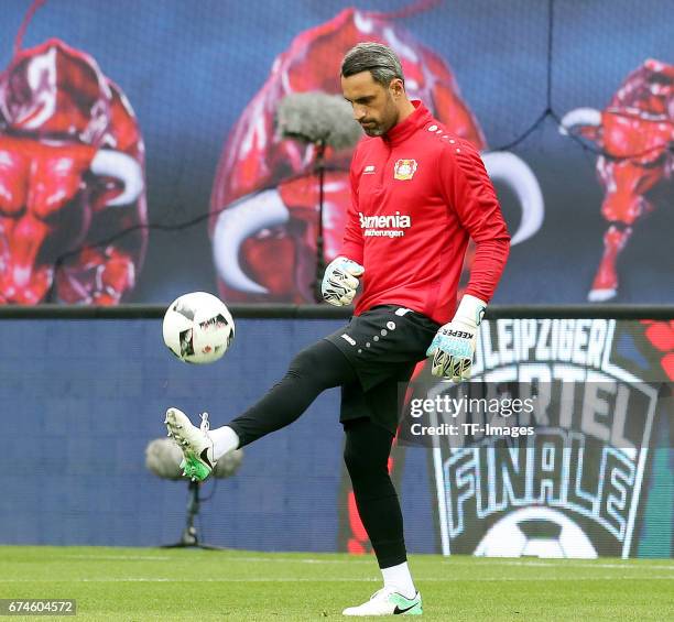 Ramazan Oezcan of Leverkusen warm up before the Bundesliga match between RB Leipzig and Bayer 04 Leverkusen at Red Bull Arena on April 8, 2017 in...