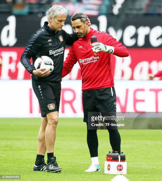 Ramazan Oezcan of Leverkusen warm up before the Bundesliga match between RB Leipzig and Bayer 04 Leverkusen at Red Bull Arena on April 8, 2017 in...