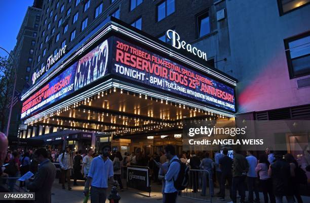 The marquee for the 25th Anniversary Screening of 'Reservoir Dogs' is seen during the 2017 Tribeca Film Festival at Beacon Theater on April 28, 2017...