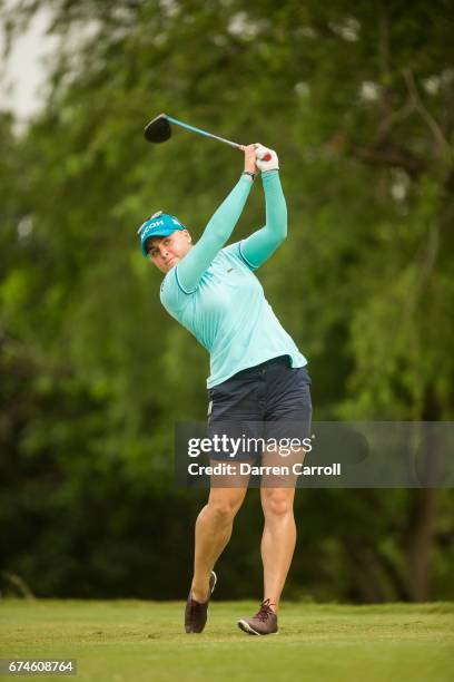 Charley Hull of England plays her tee shot at the seventh hole during the second round of the Volunteers of America North Texas Shootout at Las...