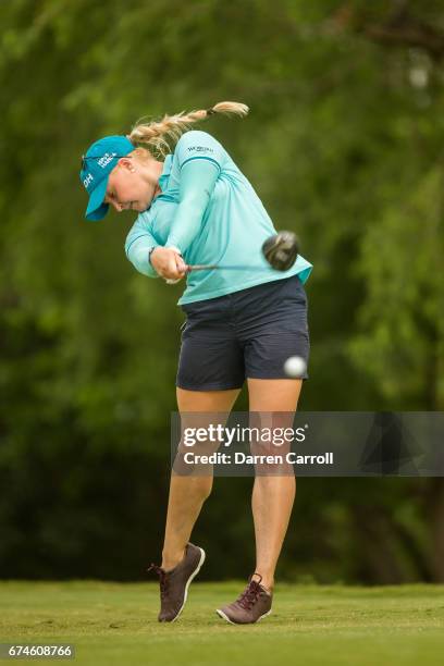 Charley Hull of England plays her tee shot at the seventh hole during the second round of the Volunteers of America North Texas Shootout at Las...