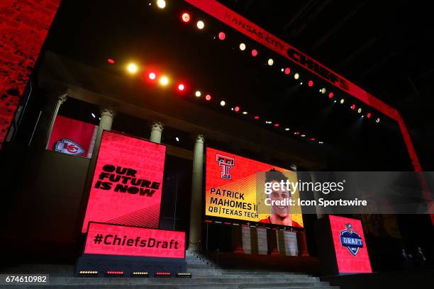 The Kansas City Chiefs select Patrick Mahomes of Texas Tech with the 10th pick at the 2017 NFL Draft at the 2017 NFL Draft Theater on April 27, 2017...