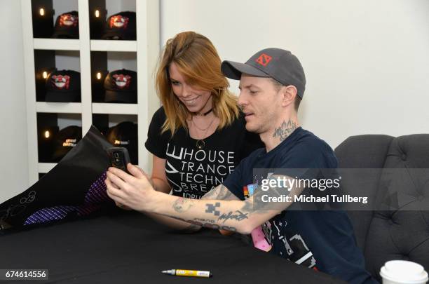 Electronic musician deadmau5 takes a selfie with a fan at deadmau5 and FANCY.com's pop-up shop "Lots Of Stuff In A Store" on April 28, 2017 in Los...