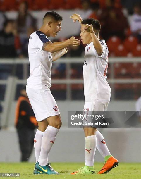 Ezequiel Barco of Independiente celebrates with teammates after scoring the second goal of his team during a match between Independiente and...