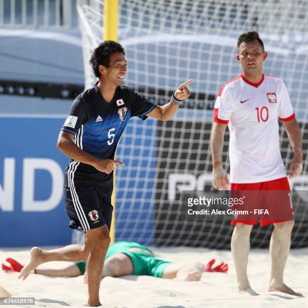 Tomoyuki Iino of Japan celebrates a goal during the FIFA Beach Soccer World Cup Bahamas 2017 group D match between Japan and Poland at National Beach...