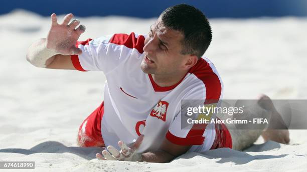 Jakub Jesionowski of Poland reacts during the FIFA Beach Soccer World Cup Bahamas 2017 group D match between Japan and Poland at National Beach...