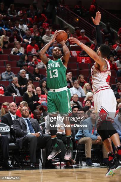 James Young of the Boston Celtics shoots the ball against the Chicago Bulls in Game Six of the Eastern Conference Quartefinals of the 2017 NBA...