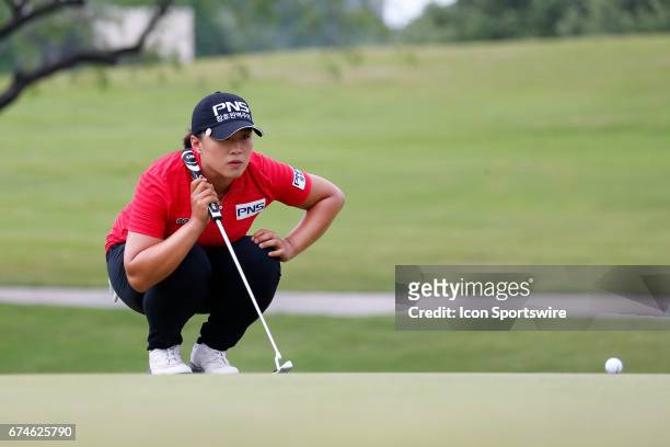 Amy Yang of Korea lines up her putt on during the second round of the LPGA Volunteers of America Texas Shootout on April 28, 2017 at Las Colinas...