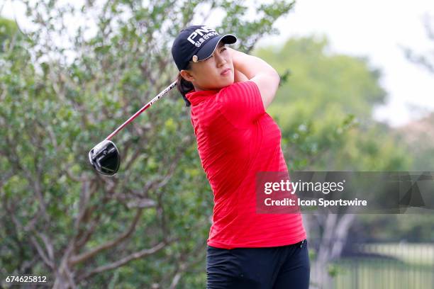 Amy Yang of Korea hits her tee shot on the second hole during the second round of the LPGA Volunteers of America Texas Shootout on April 28, 2017 at...