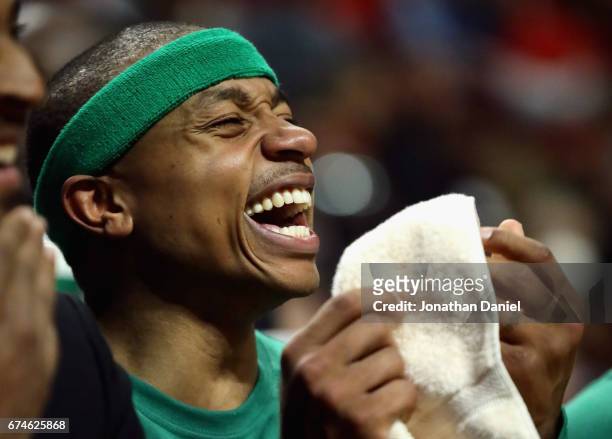 Isaiah Thomas of the Boston Celtics enjoys himself on the bench in the fourth quarter against the Chicago Bulls during Game Six of the Eastern...
