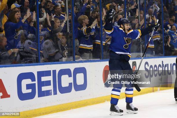 Jori Lehtera of the St. Louis Blues celebrates after scoring a goal against the Nashville Predators in Game Two of the Western Conference Second...