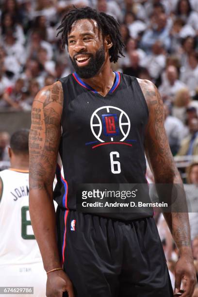 DeAndre Jordan of the Los Angeles Clippers smiles during the game against the Utah Jazz during Game Six of the Western Conference Quarterfinals of...
