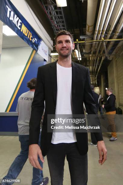 Jeff Withey of the Utah Jazz arrives before the game against the LA Clippers in Game Six of the Western Conference Quarterfinals of the 2017 NBA...