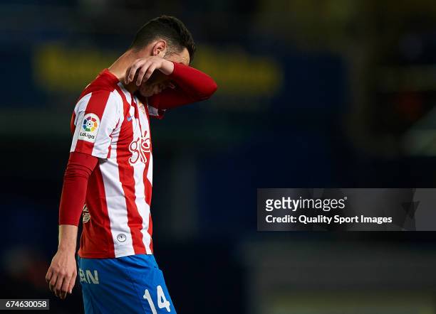 Burgui of Real Sporting de Gijon reacts during the La Liga match between Villarreal CF and Real Sporting de Gijon at Estadio de la Ceramica on April...
