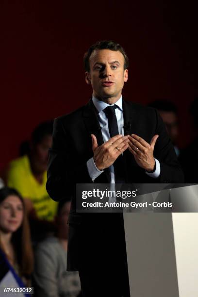 President of the political movement 'En Marche !' and french presidential election candidate Emmanuel Macron delivers a speech during a campaign...