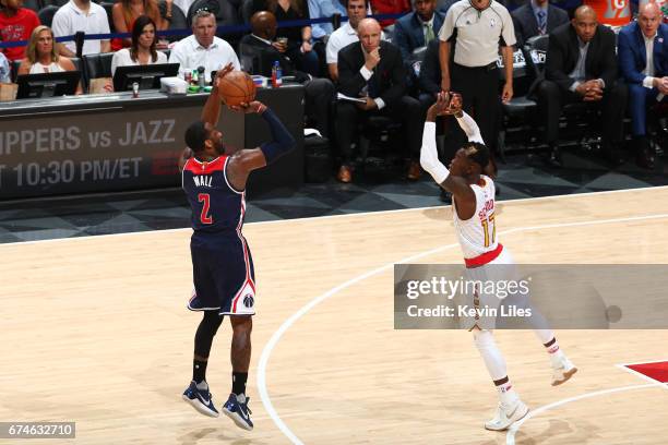 John Wall of the Washington Wizards shoots the ball against the Atlanta Hawks in Game Six of the Eastern Conference Quarterfinals of the 2017 NBA...