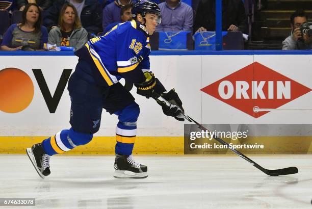 St. Louis Blues center Jori Lehtera with the puck during game 1 of the second round of the 2017 Stanley Cup Playoffs between the Nashville Predators...