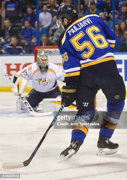 St. Louis Blues leftwing Magnus Paajarvi gets ready to take a shot on goal during game 1 of the second round of the 2017 Stanley Cup Playoffs between...