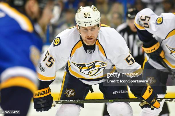 Nashville leftwing Cody McLeod during game 1 of the second round of the 2017 Stanley Cup Playoffs between the Nashville Predators and the St. Louis...