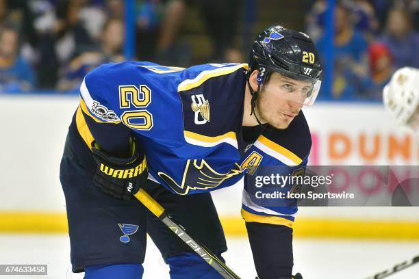 St. Louis Blues leftwing Alexander Steen as seen before a faceoff during game 1 of the second round of the 2017 Stanley Cup Playoffs between the...
