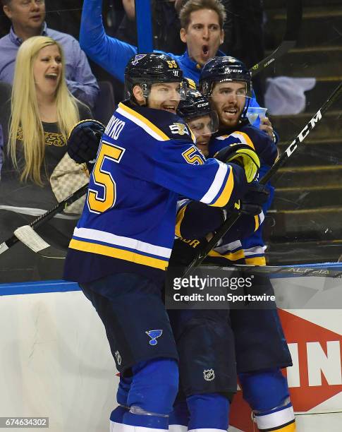 St. Louis Blues defenseman Colton Parayko and St. Louis Blues defenseman Joel Edmundson celebrate with St. Louis Blues leftwing Vladimir Sobotka...